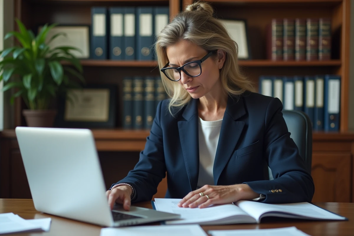 Directrice d'école consultant des documents administratifs LSU et Versailles sur son bureau avec un ordinateur portable ouvert