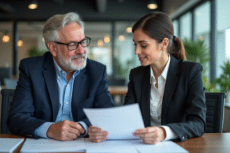 Homme d'âge moyen en costume navy et jeune femme en tenue décontractée discutant