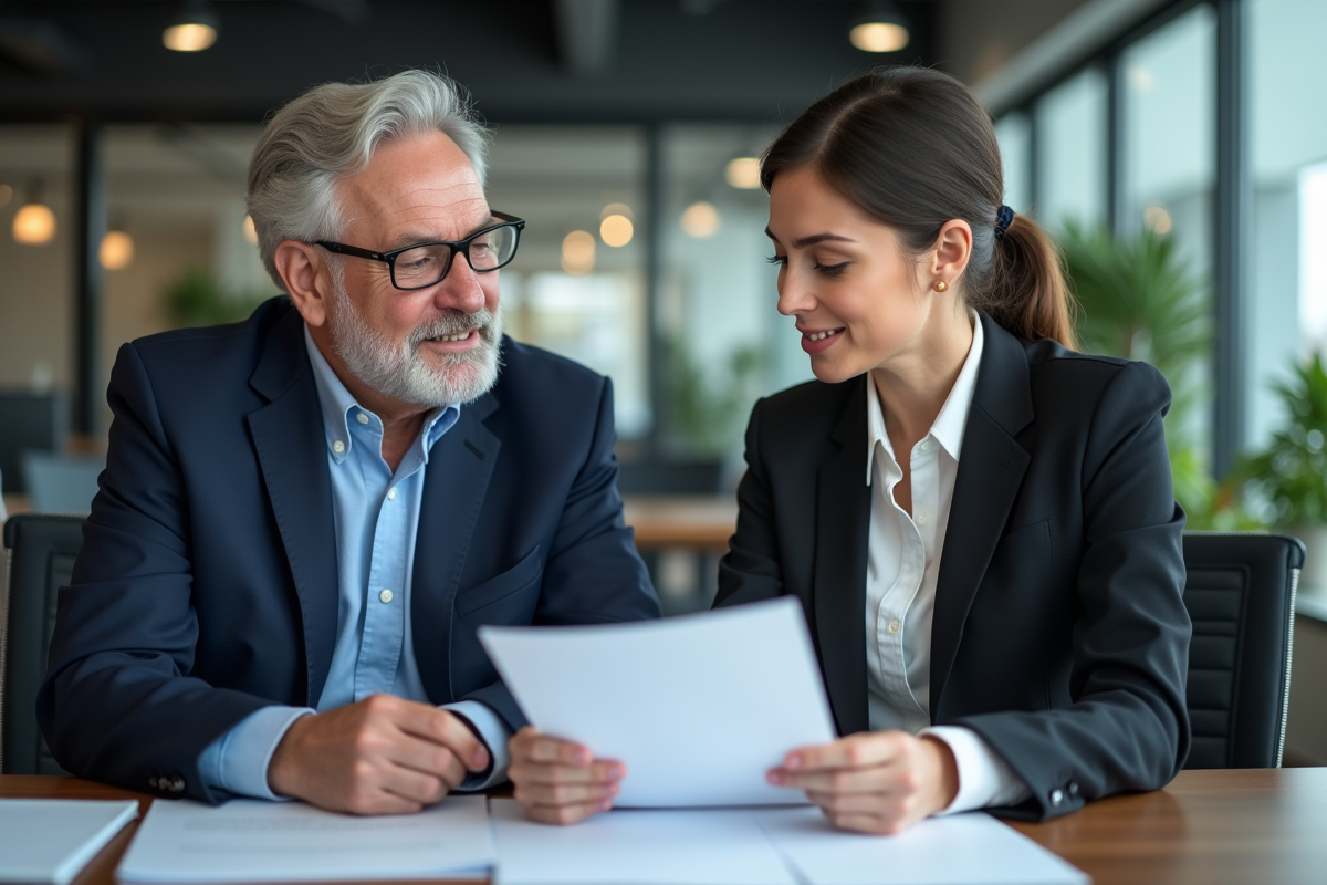 Homme d'âge moyen en costume navy et jeune femme en tenue décontractée discutant