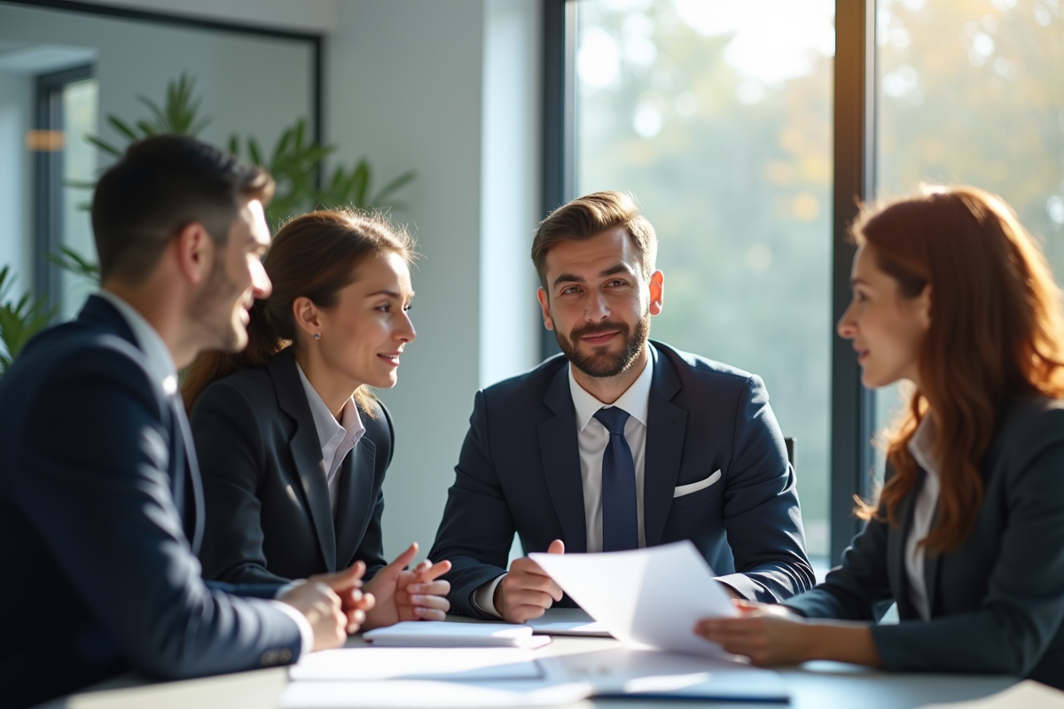 Groupe de fonctionnaires en discussion dans un bureau lumineux