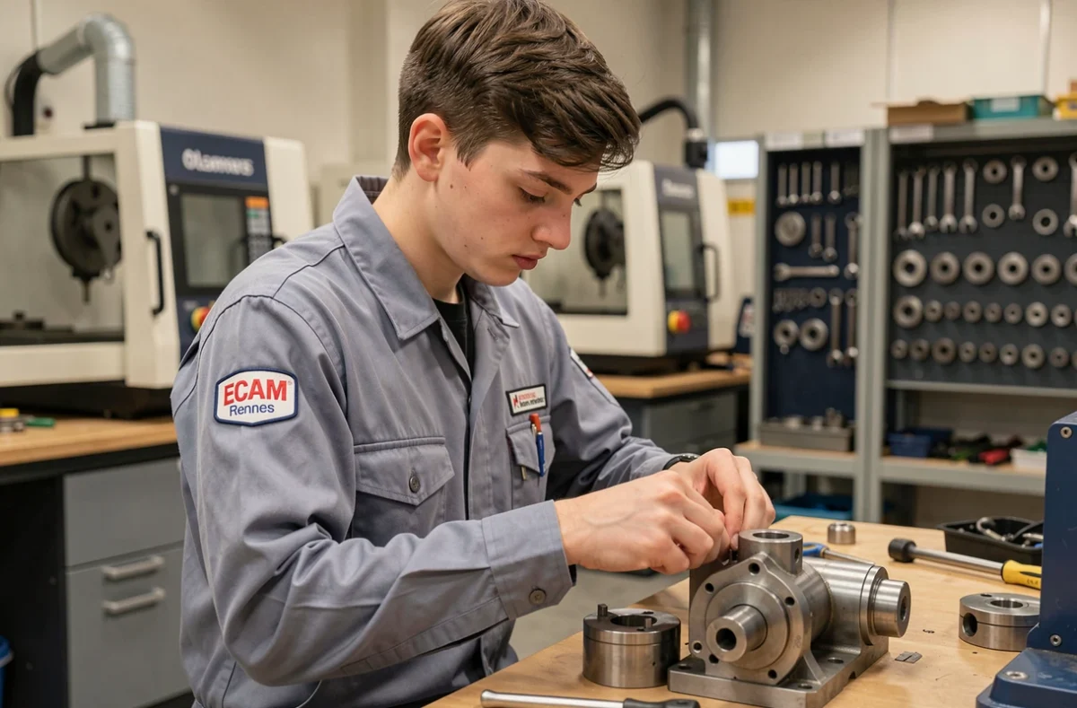 Apprenti ingénieur de l'ECAM Rennes Louis-de-Broglie assemblant un sous-ensemble mécanique dans un atelier industriel