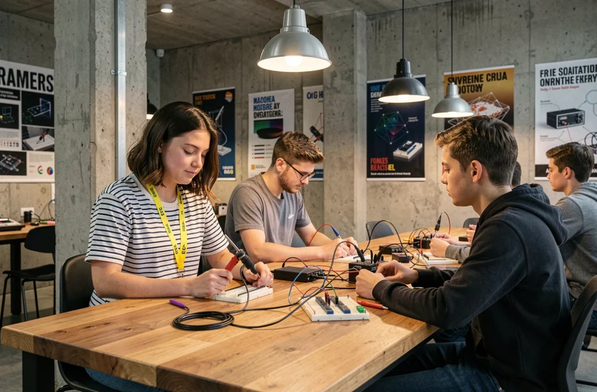 Étudiante de l'ECE campus de Rennes travaillant sur des prototypes électroniques dans un espace maker collaboratif