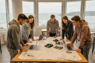 Étudiants en école d'ingénieurs en Bretagne collaborant autour d'une table de travail avec des plans techniques et des ordinateurs portables