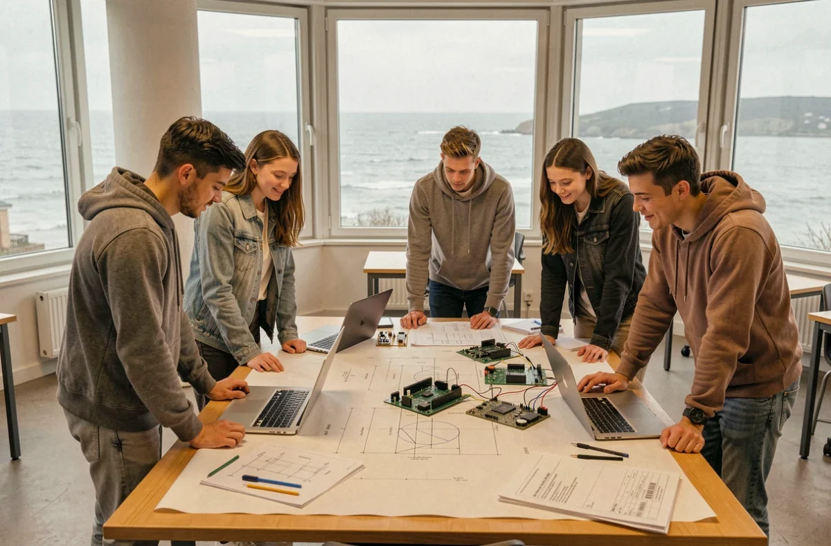 Étudiants en école d'ingénieurs en Bretagne collaborant autour d'une table de travail avec des plans techniques et des ordinateurs portables