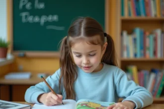 Jeune élève de CE1 lisant un livre illustré à son bureau en classe, exercice de lecture compréhension