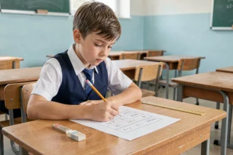 Élève de collège travaillant en autonomie sur un exercice autocorrigé de nombres décimaux à son bureau en classe