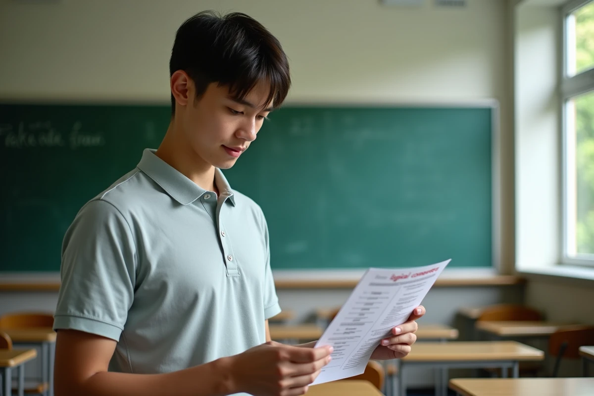 Elève de lycée lisant une fiche de révision logiques