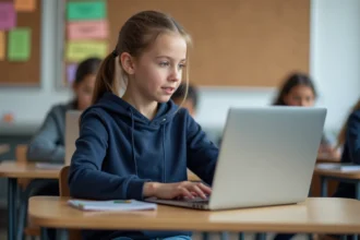 Élève adolescente utilisant une plateforme d'éducation numérique ENT sur un ordinateur portable dans une salle de classe française