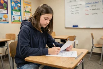 Élève en dispositif SEGPA concentrée sur ses révisions dans une salle de classe adaptée