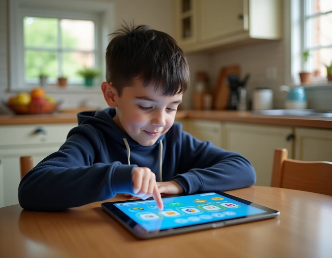 Garçon utilisant une application d'apprentissage de l'arabe sur une tablette à la table de cuisine familiale