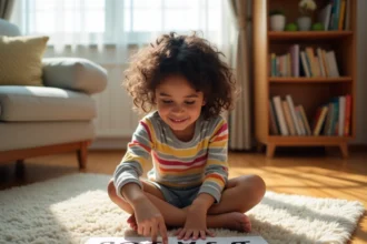 Jeune fille apprenant l'alphabet arabe avec des flashcards colorées posées sur un tapis dans un salon cosy