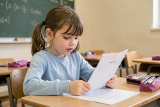 Petite fille en CE1 lisant un texte de fluence à voix haute, le doigt posé sur la feuille imprimée, assise à un bureau de classe primaire