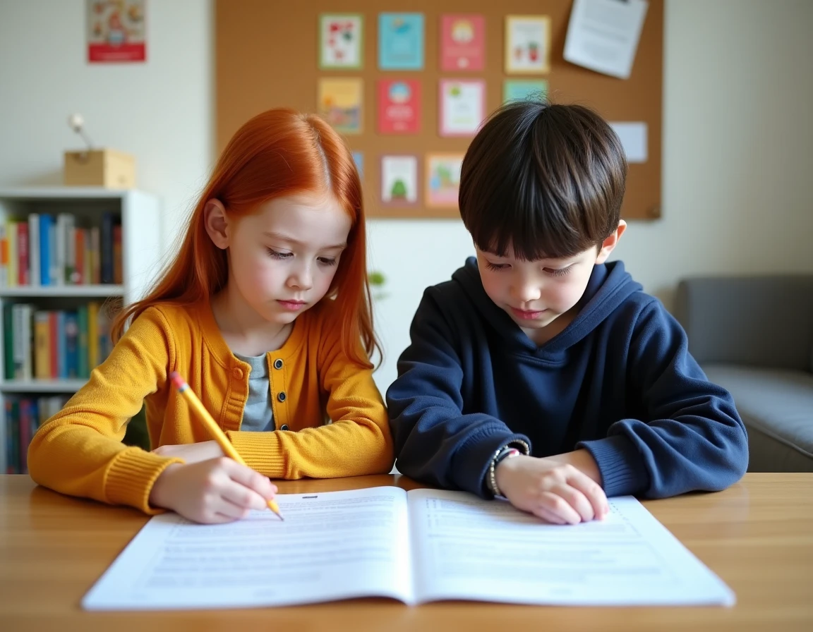 Deux enfants CE1 CE2 travaillant ensemble sur des exercices de lecture compréhension à la maison