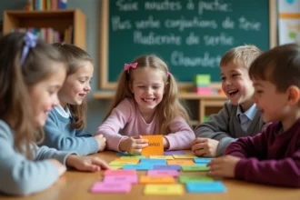Groupe d'enfants français jouant à un jeu de conjugaison