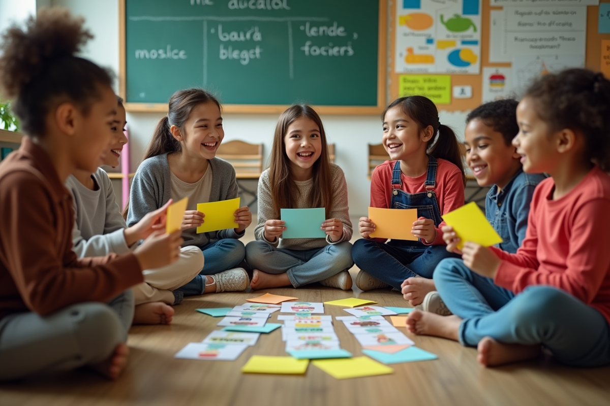 Enfants et seniors jouent avec des cartes de langue dans une classe conviviale