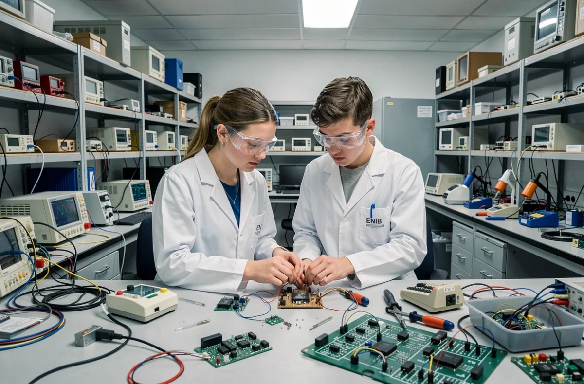 Étudiants de l'ENIB de Brest assemblant un prototype électronique dans un laboratoire équipé d'oscilloscopes et de stations de soudure