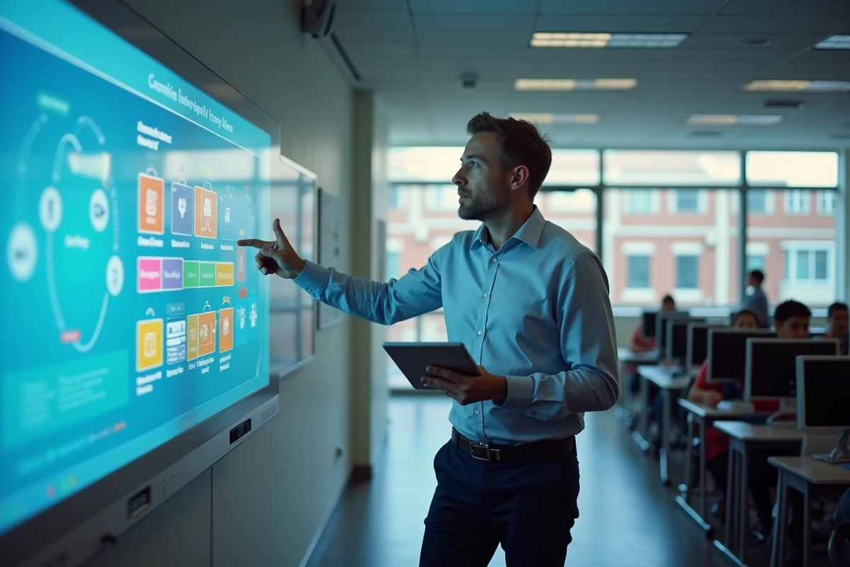 Enseignant présentant un environnement numérique de travail ENT NEO sur tableau interactif devant des élèves en salle informatique