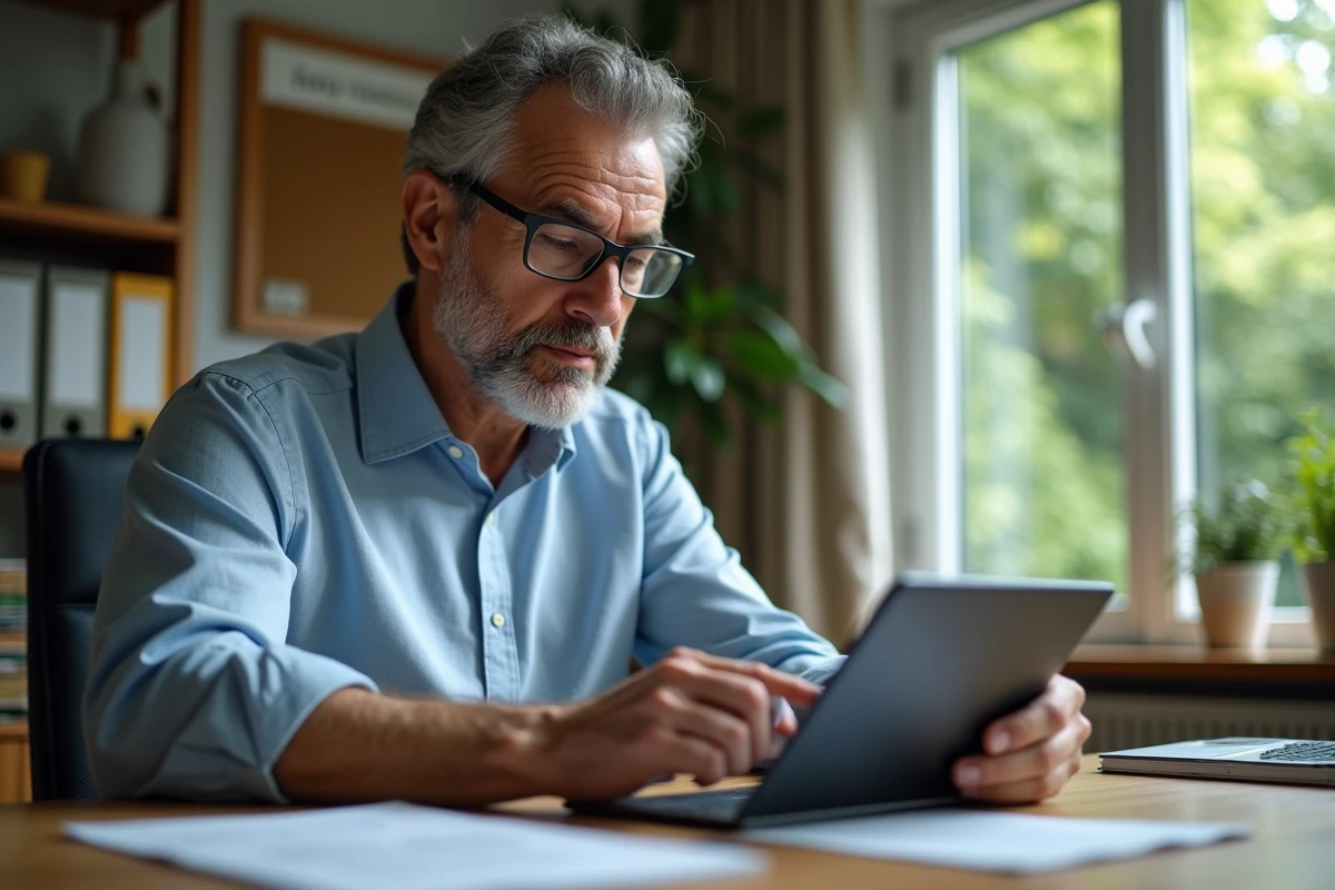 Professeur homme travaillant sur un tableau numérique dans un bureau