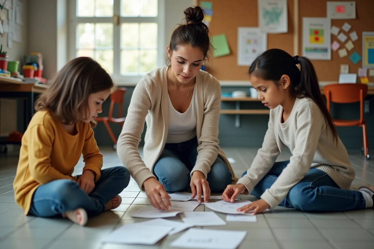 Professeure aidant des élèves à assembler des cartes de verbes