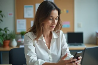 Professeure assise à un bureau moderne en école