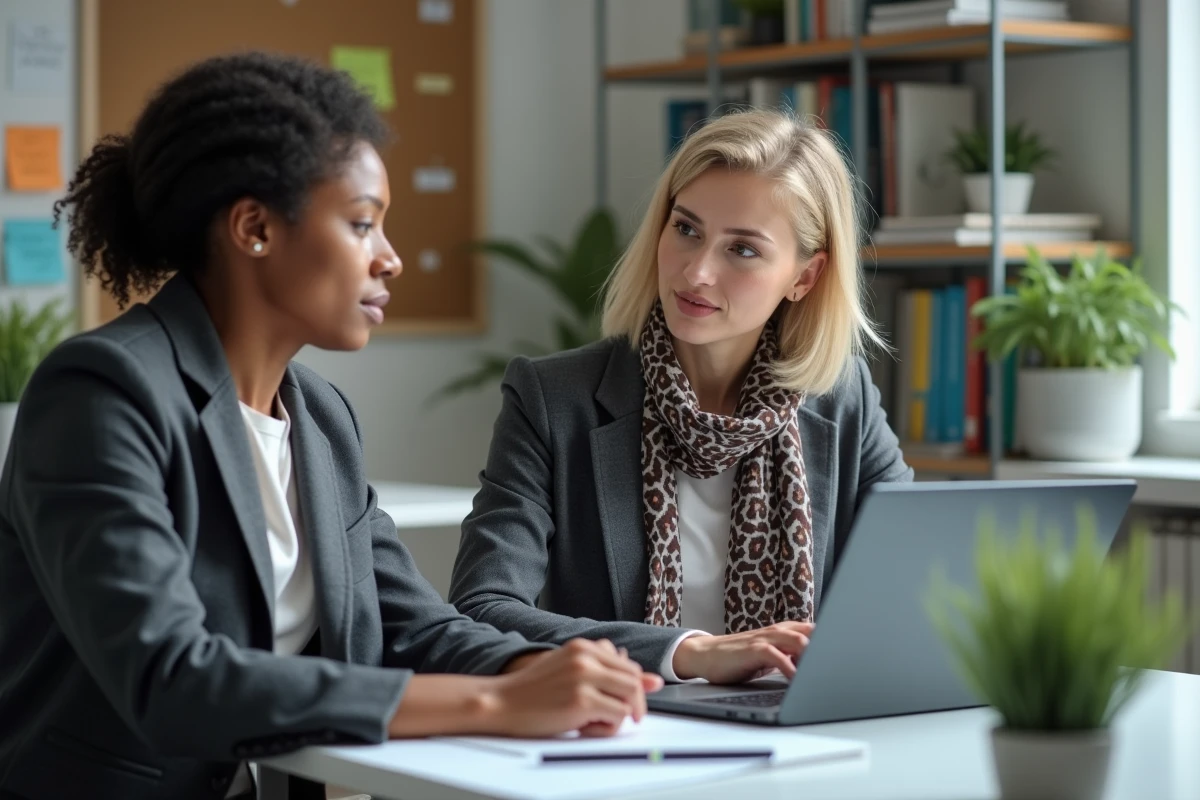 Professeure montrant une plateforme numérique à un étudiant dans un bureau moderne