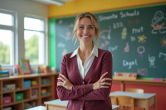 Enseignante de primaire souriante devant un tableau de classe coloré avec dessins d'enfants