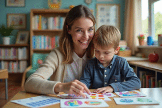 Femme souriante avec un garçon en classe