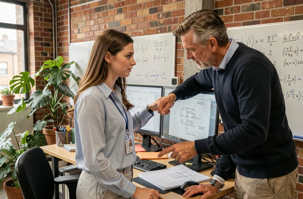 Étudiante ingénieure en alternance de l'ENSIBS travaillant avec un mentor dans un bureau industriel à Lorient