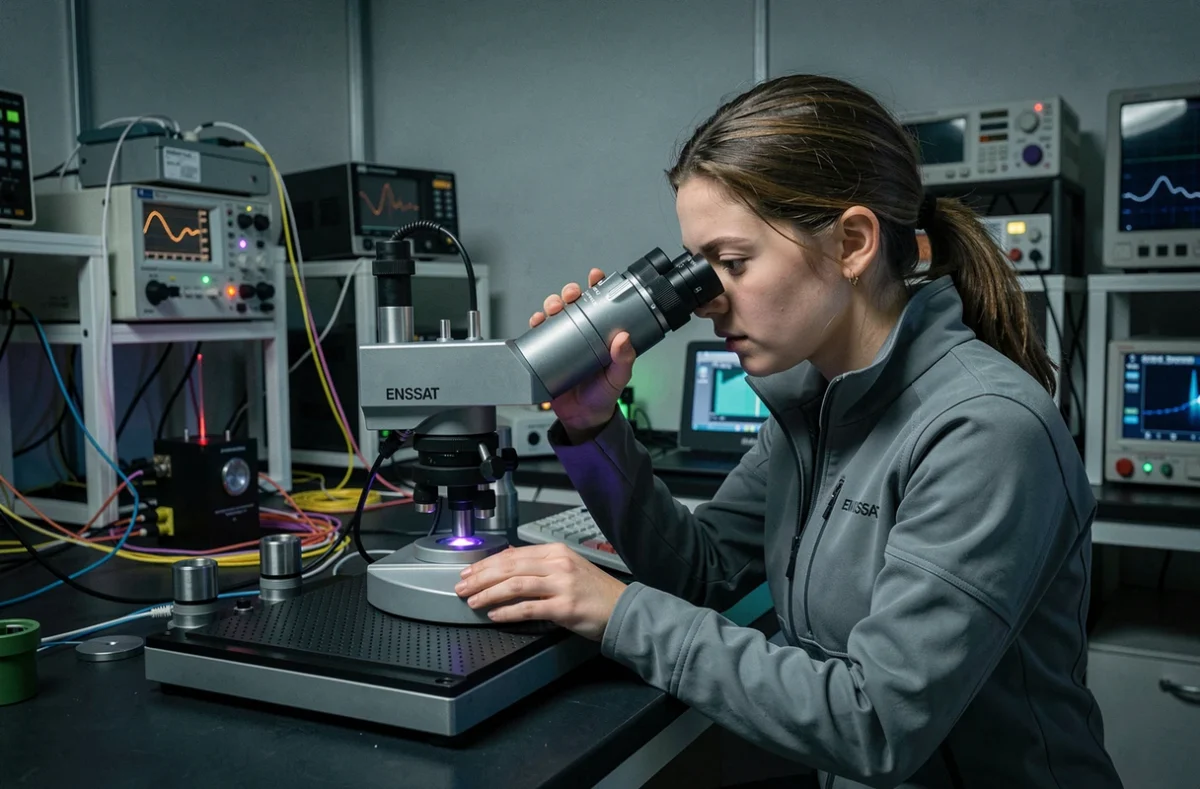 Étudiante de l'ENSSAT Lannion utilisant un banc optique de précision dans un laboratoire d'optronique et de télécommunications