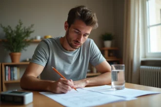 Homme qui s'entraîne aux tests psychotechniques à domicile assis à une table avec des feuilles d'exercices et un minuteur