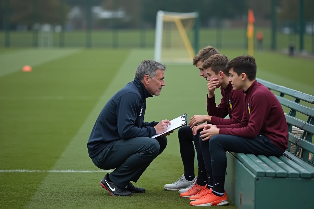 Entraîneur de football expliquant une tactique à des jeunes joueurs en formation dans un club professionnel