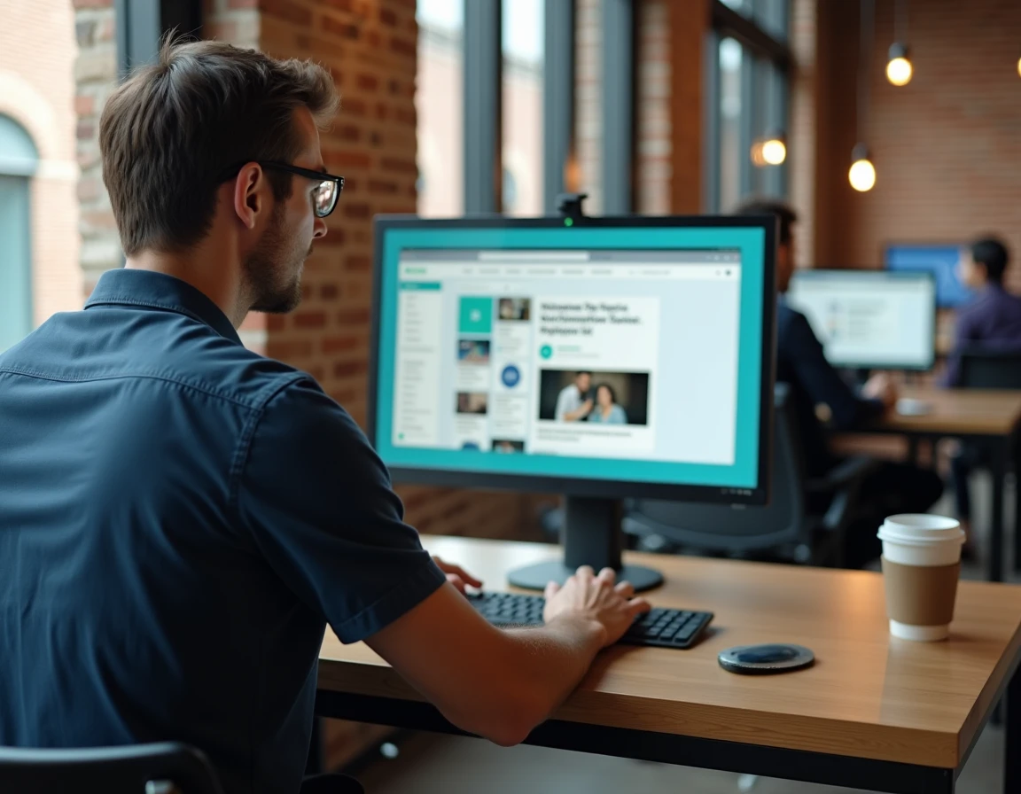 Entrepreneur masculin utilisant Canva pour booster ses ventes dans un espace de coworking