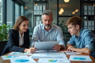 Equipe diverse en réunion autour de tableaux numériques