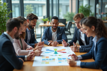 Groupe de jeunes professionnels discutant autour d'une diagramme marketing