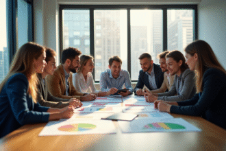 Groupe de professionnels discutant autour d'une table lumineuse