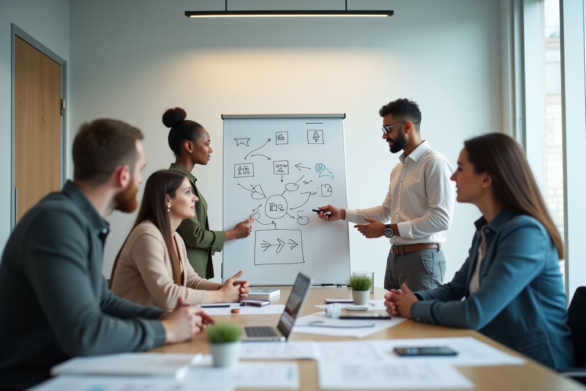 Groupe de professionnels discutant autour d