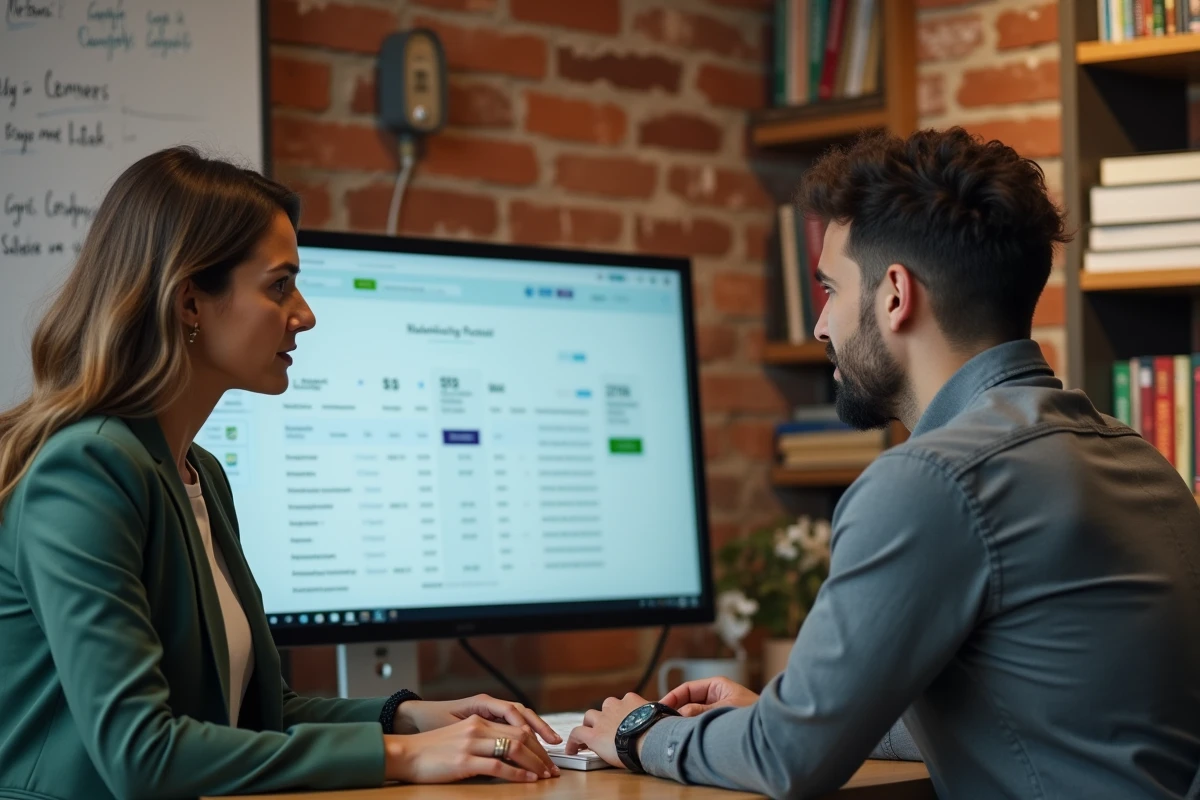 Deux collègues en startup discutant du plan tarifaire annuel d'un outil emailing devant un écran affichant les détails des abonnements