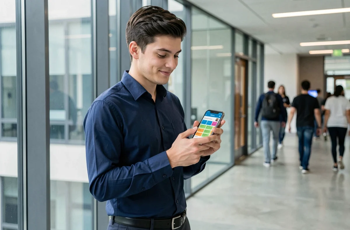 Étudiant consultant une application de partage d'emploi du temps sur smartphone dans un couloir d'université