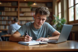 Jeune homme étudiant à la bibliothèque en train de remplir son emploi du temps