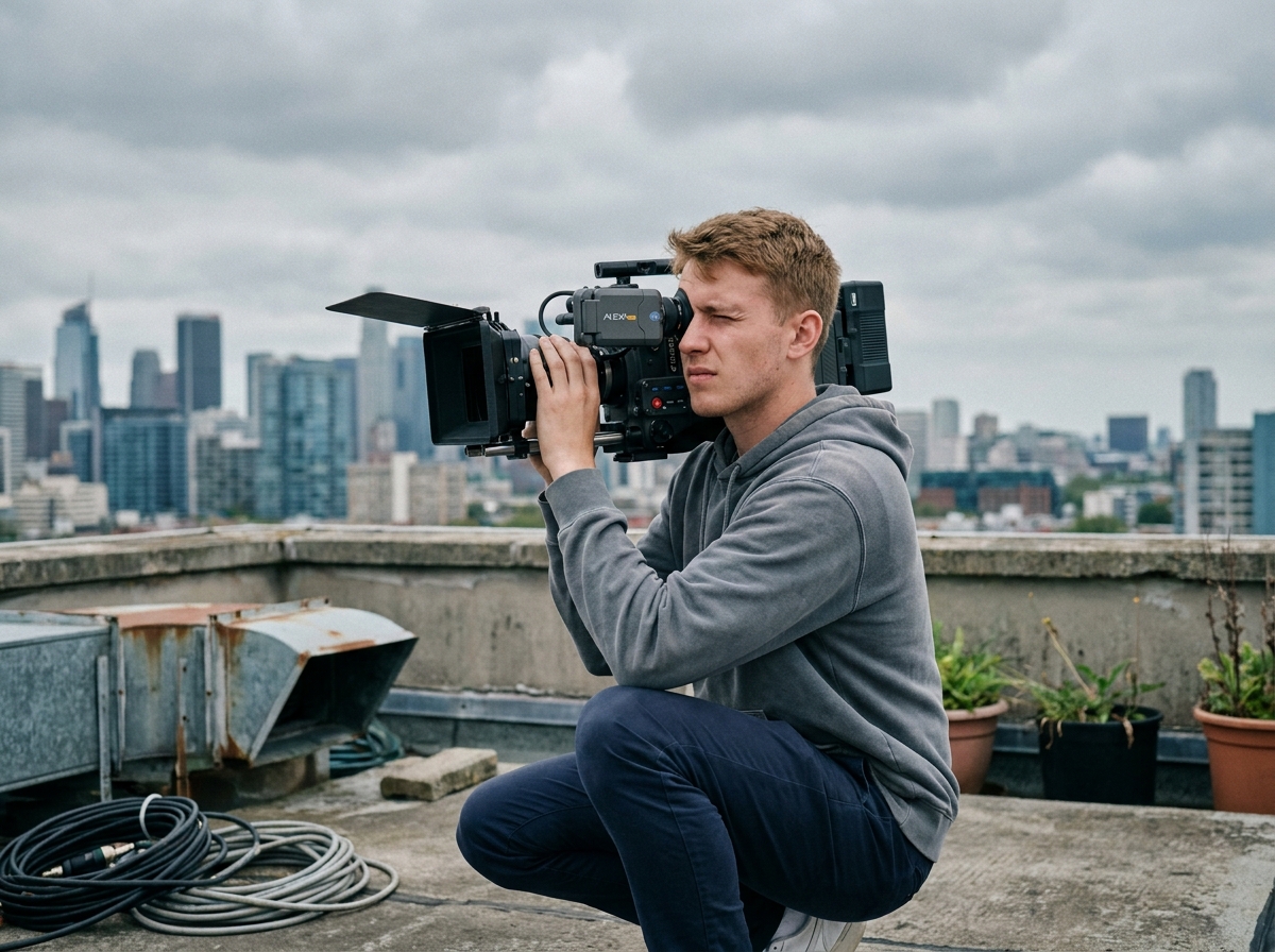 Jeune étudiant filmant un paysage urbain avec une caméra cinéma sur le toit d'une école de l'audiovisuel
