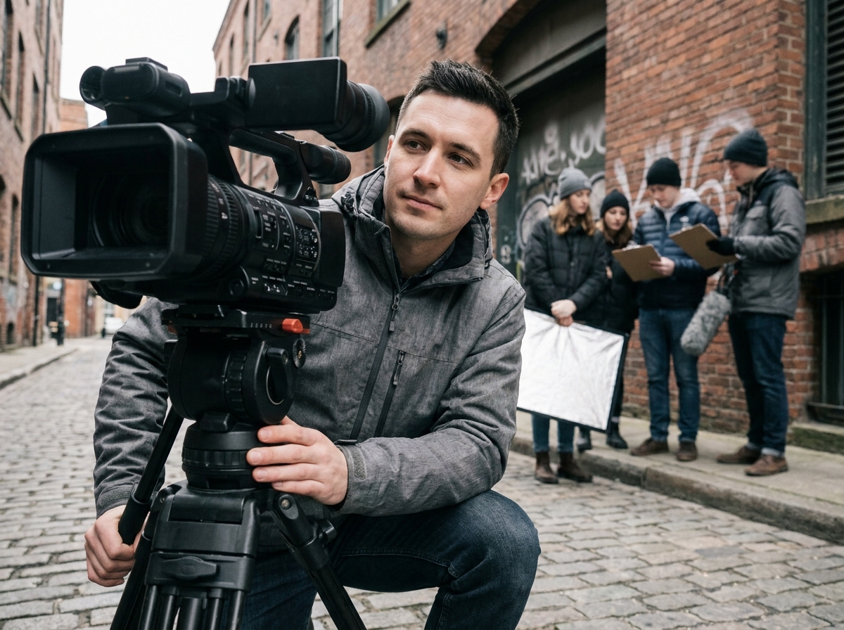 Étudiant en formation audiovisuelle longue opérant une caméra professionnelle lors d'un tournage en extérieur urbain