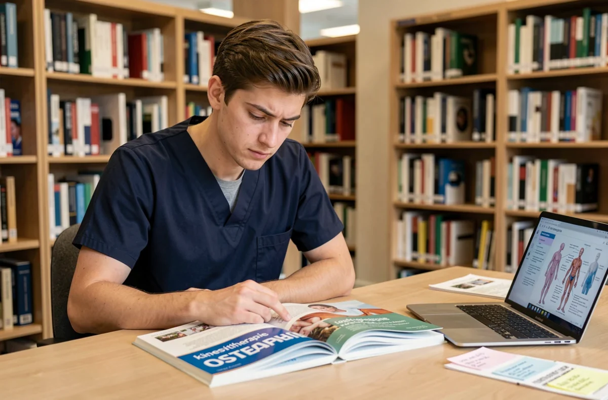 Étudiant en santé comparant des manuels d'ostéopathie et de kinésithérapie dans une bibliothèque universitaire médicale