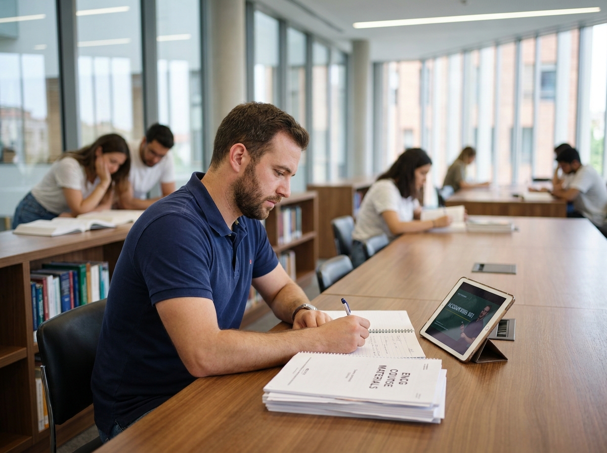 Étudiant en formation DCG en ligne dans une bibliothèque universitaire avec tablette et supports de cours imprimés