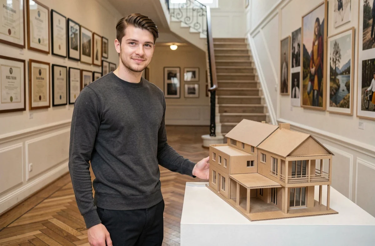 Étudiant en design produit présentant sa maquette architecturale dans le hall d'une école d'arts appliqués parisienne