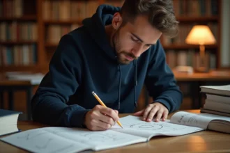 Étudiant en mathématiques annotant des formules trigonométriques de sinus et cosinus sur des feuilles de cours dans une bibliothèque universitaire