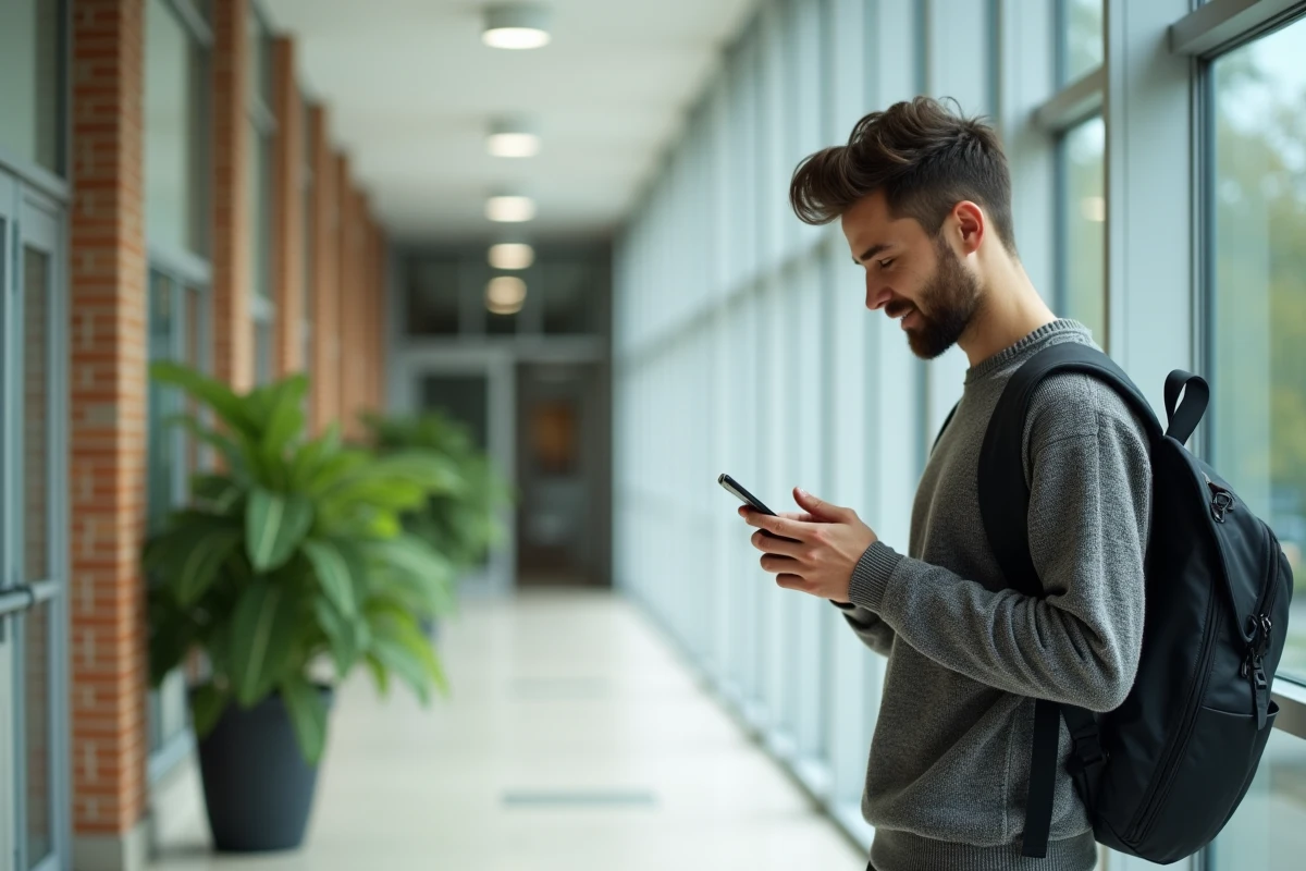 Etudiant en sweat dans un couloir universitaire lumineux