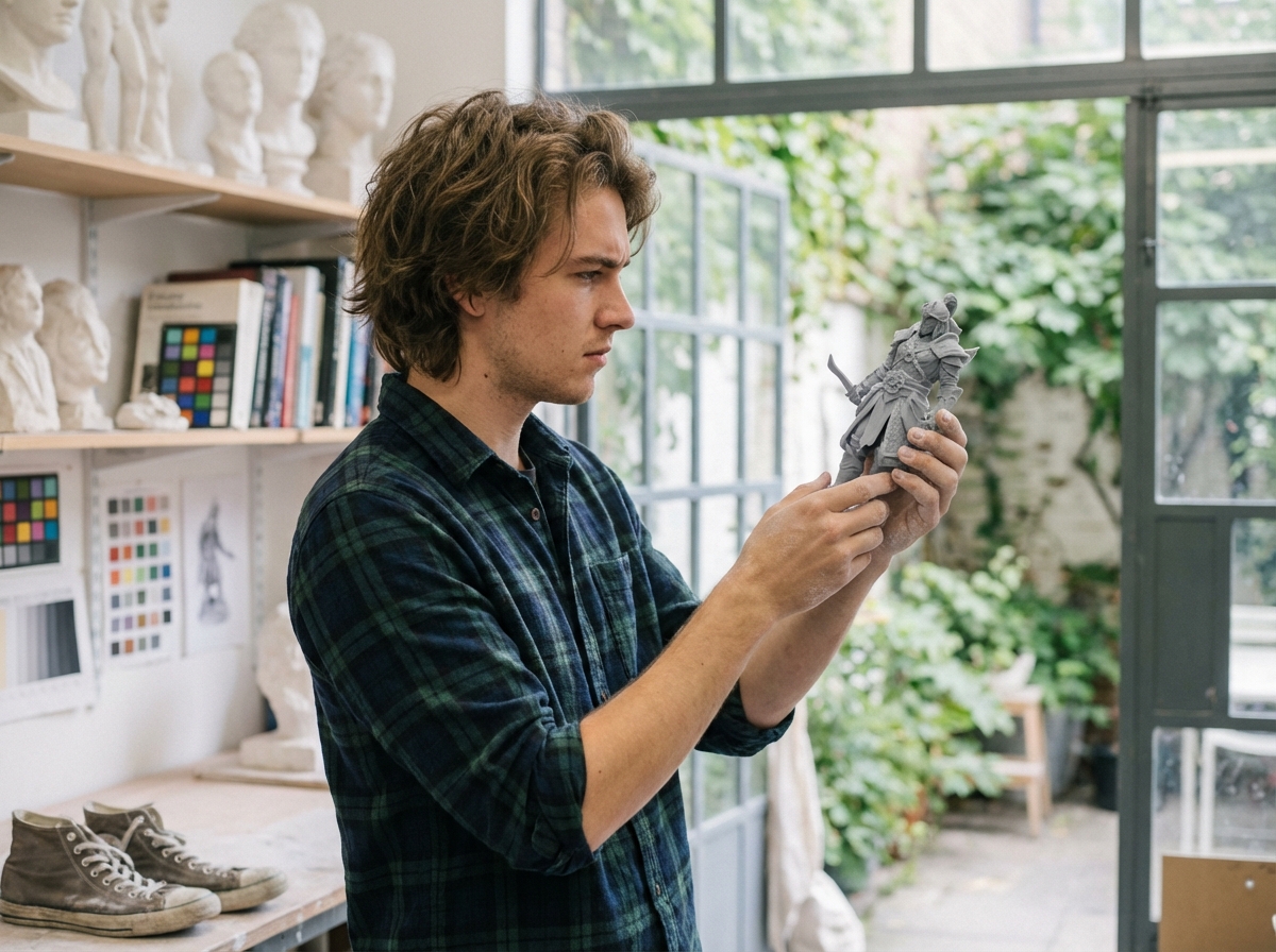 Étudiant examinant une sculpture 3D d