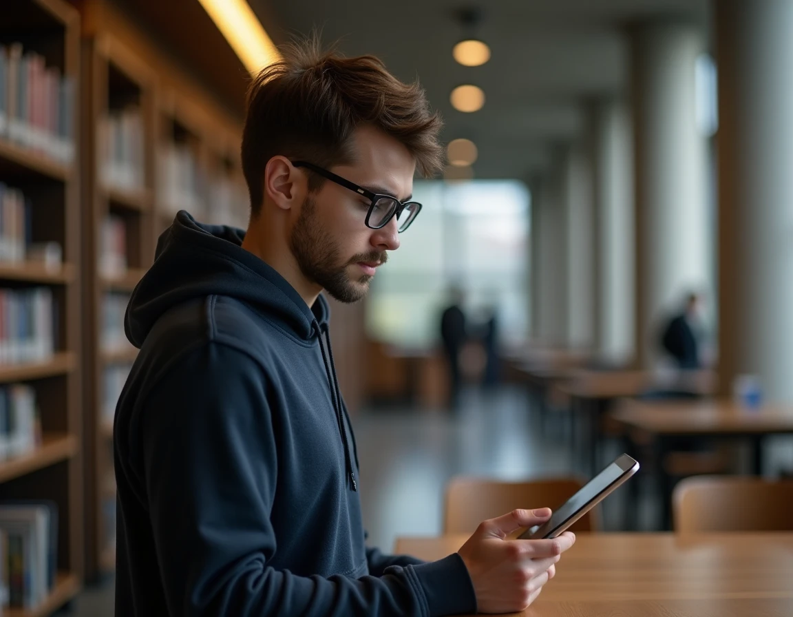 Étudiant consultant l'interface MyGEMA sur une tablette dans la bibliothèque universitaire du Groupe Gema