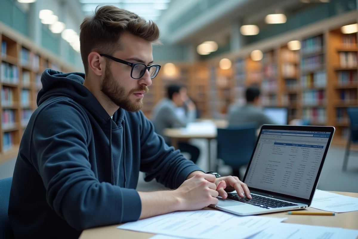 Étudiant utilisant un tableur pour calculer ses moyennes pondérées par coefficients dans une bibliothèque universitaire