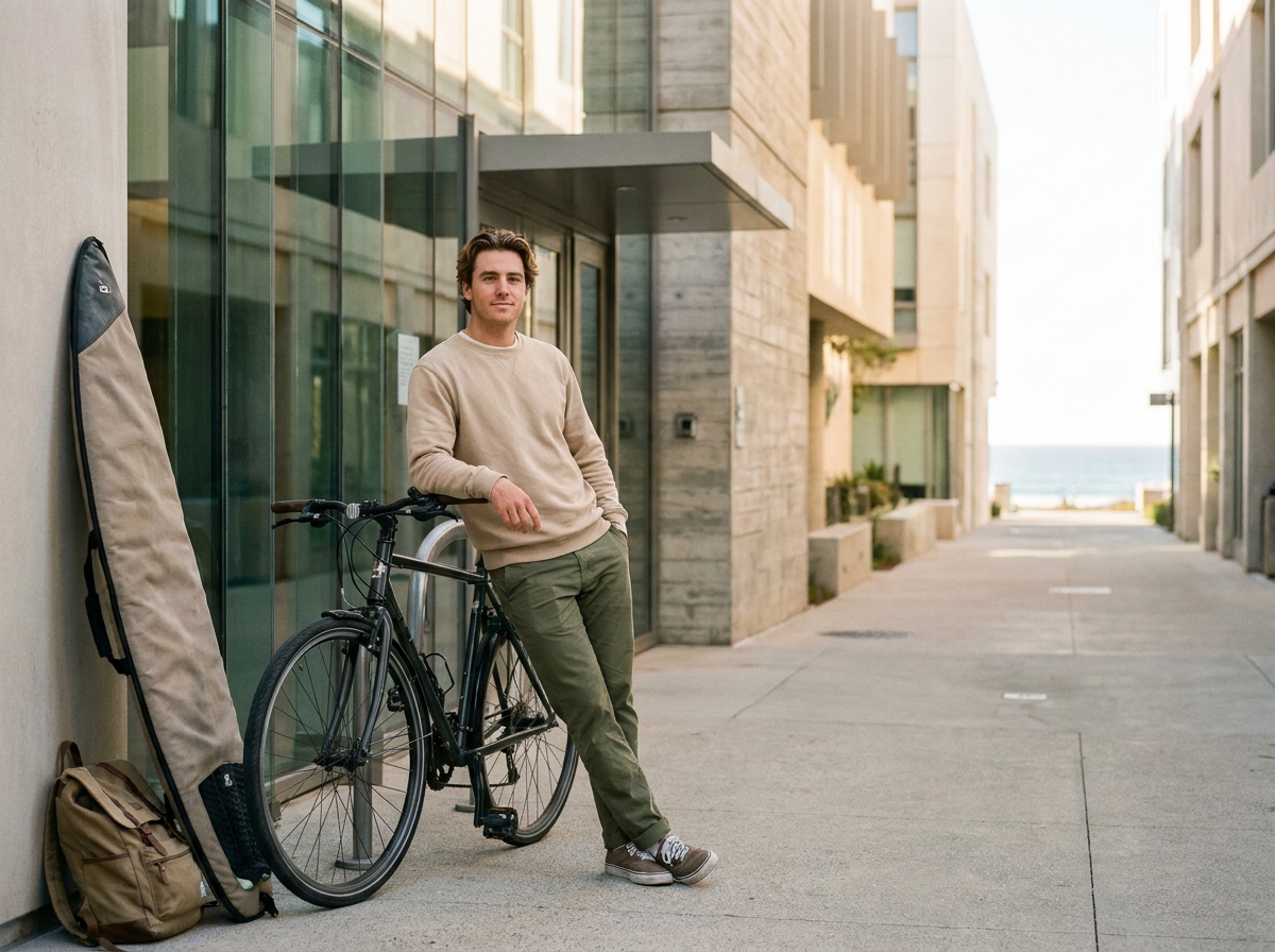 Étudiant avec un vélo et un sac de surf devant l'entrée d'un campus universitaire en bord de mer